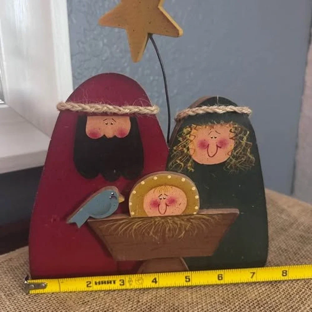 Vtg Nativity Scene Wooden Hand Painted Christmas Folk Art Shelf Sitter